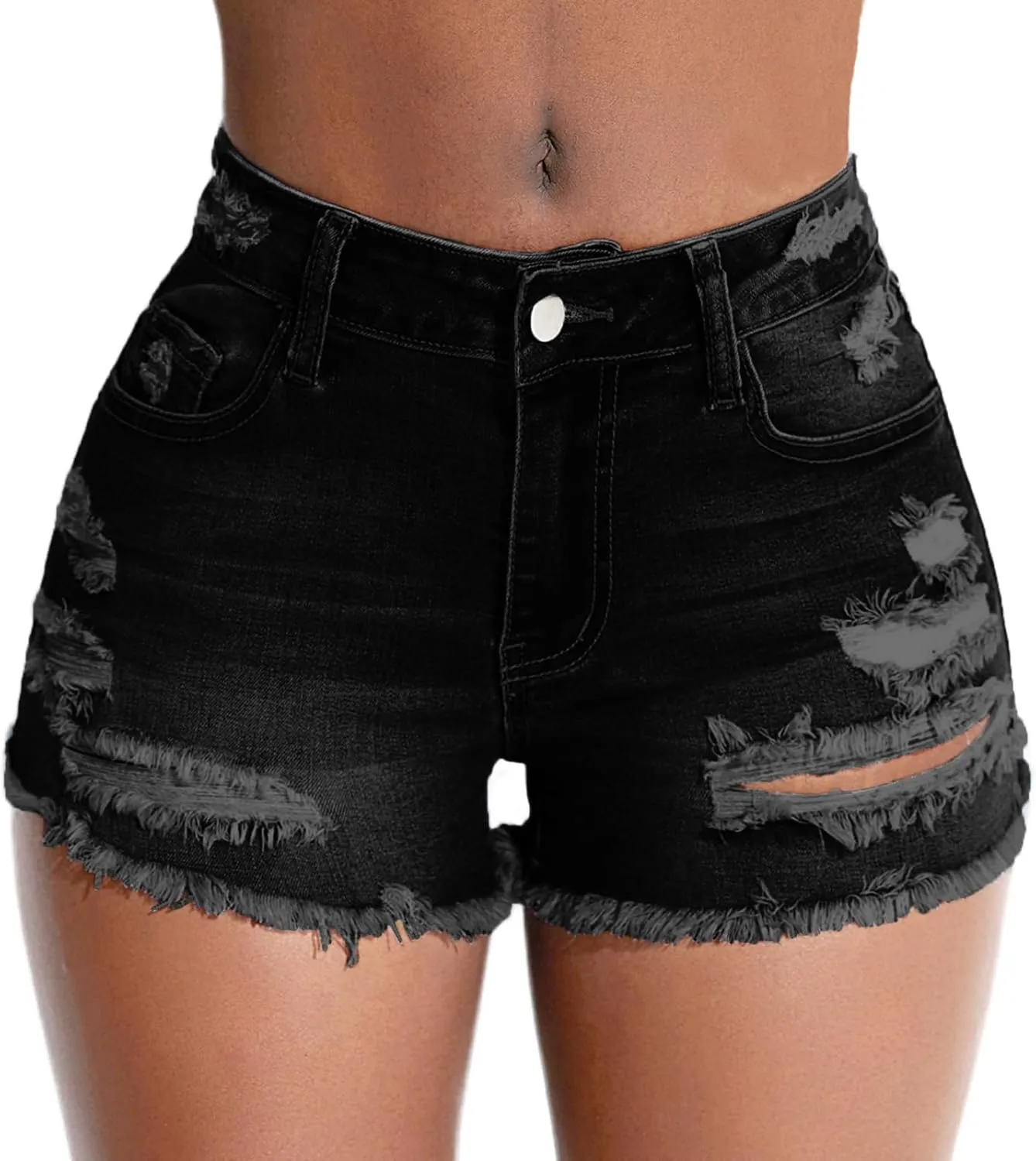 Women's Stretch Ripped Denim Shorts Mid Waist Casual Frayed Raw Hem Distressed Jean Shorts