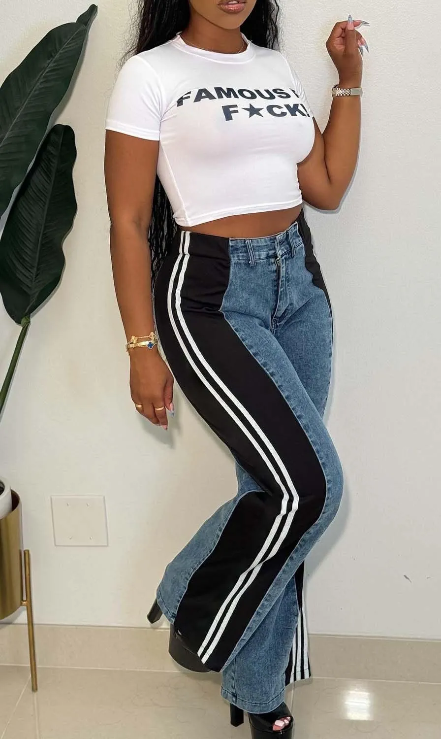 Women’s Stretchy Jeans with Patchwork Stripes High Waisted Loose Denim Color Block Jean Straight Leg Pants
