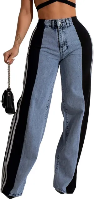 Women’s Stretchy Jeans with Patchwork Stripes High Waisted Loose Denim Color Block Jean Straight Leg Pants