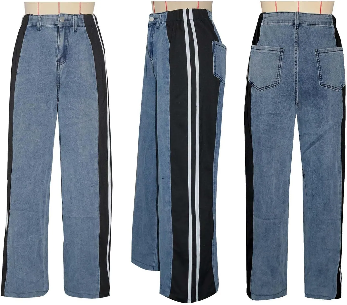 Women’s Stretchy Jeans with Patchwork Stripes High Waisted Loose Denim Color Block Jean Straight Leg Pants