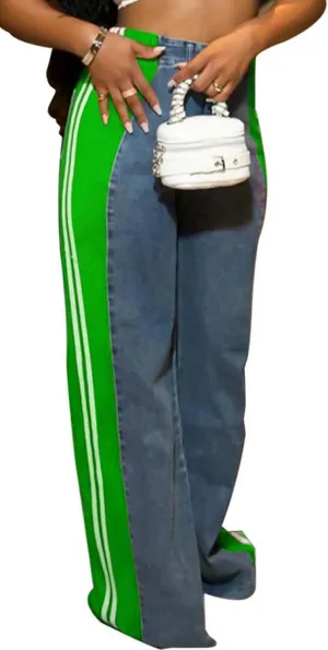 Women’s Stretchy Jeans with Patchwork Stripes High Waisted Loose Denim Color Block Jean Straight Leg Pants