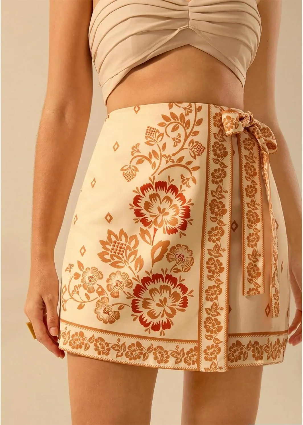 Womens Summer Floral Wrap Short Skirt Tie Side High Waist A Line Beach Vacation Boho Mini Skirt