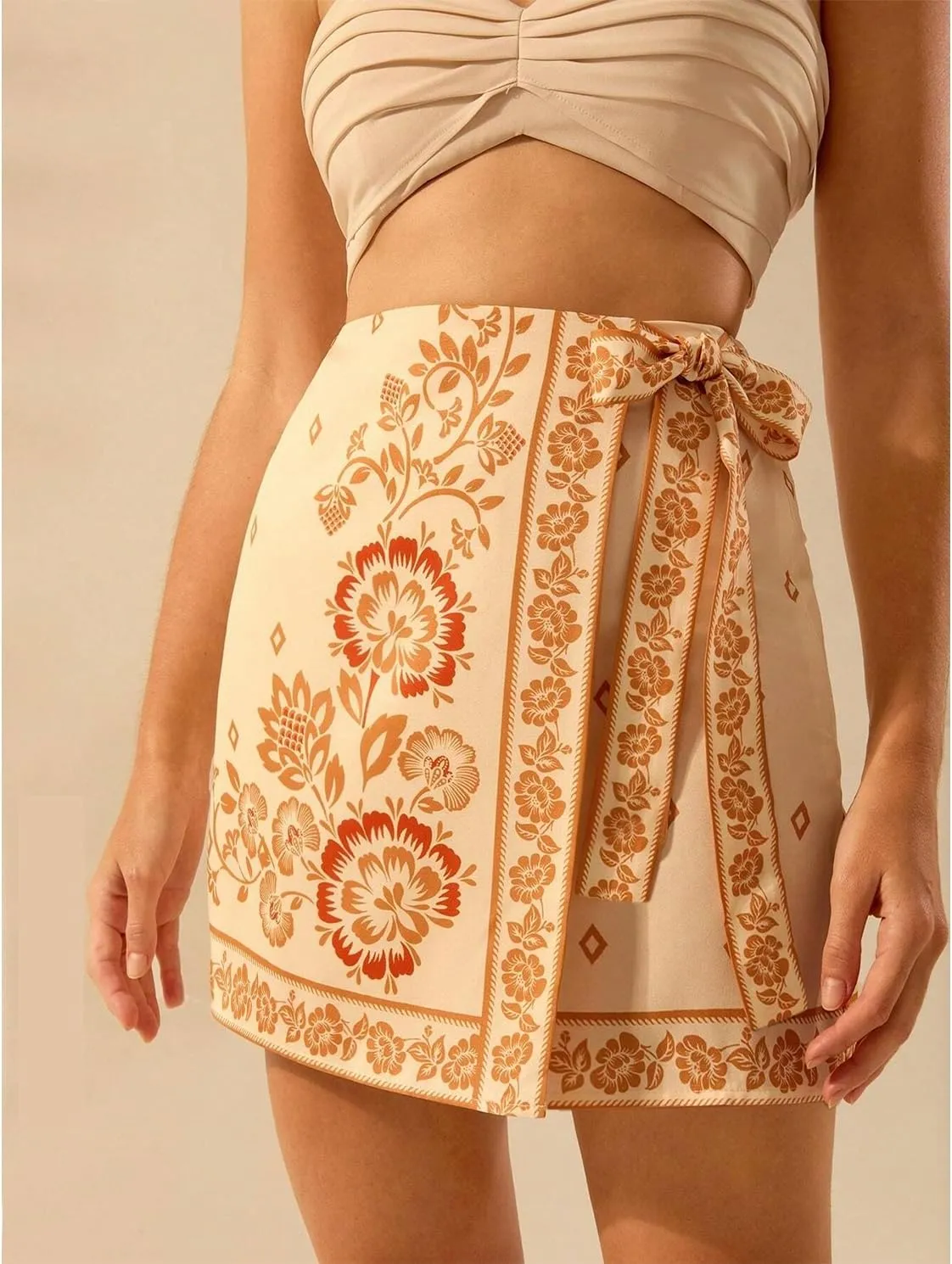 Womens Summer Floral Wrap Short Skirt Tie Side High Waist A Line Beach Vacation Boho Mini Skirt