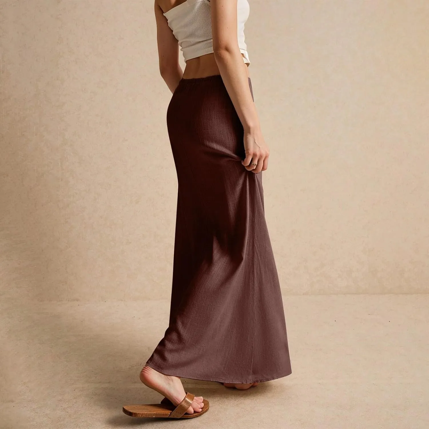 Women's Summer Linen Maxi Skirts Casual Flowy Tiered A-Line Elastic Waist Skirt