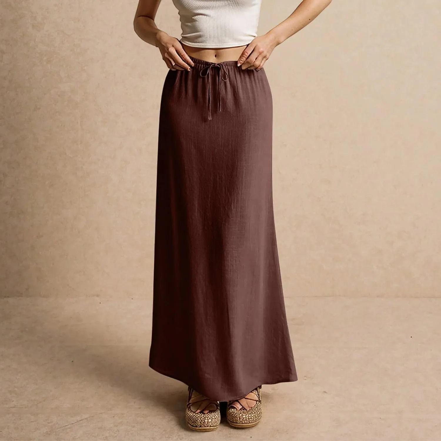 Women's Summer Linen Maxi Skirts Casual Flowy Tiered A-Line Elastic Waist Skirt