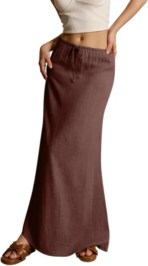 Women's Summer Linen Maxi Skirts Casual Flowy Tiered A-Line Elastic Waist Skirt