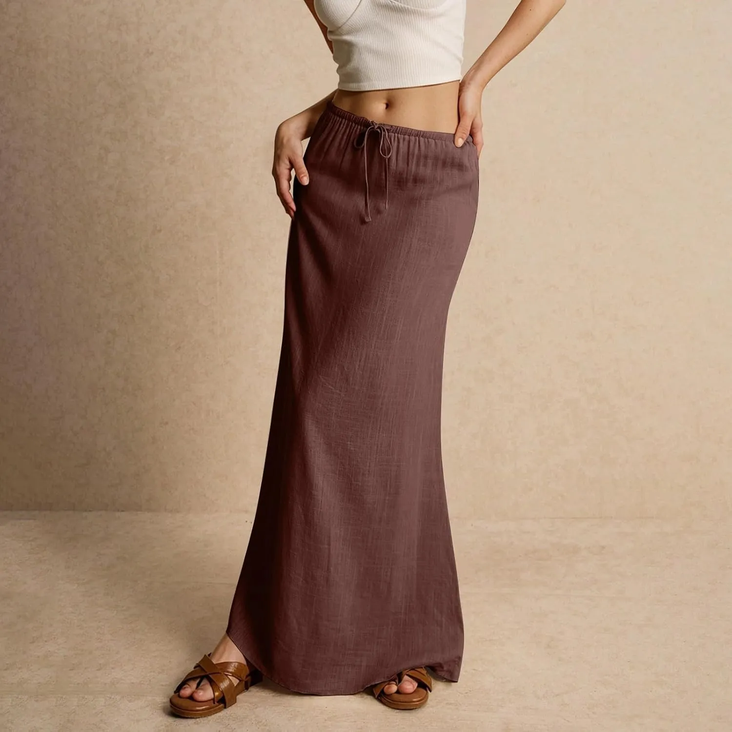 Women's Summer Linen Maxi Skirts Casual Flowy Tiered A-Line Elastic Waist Skirt