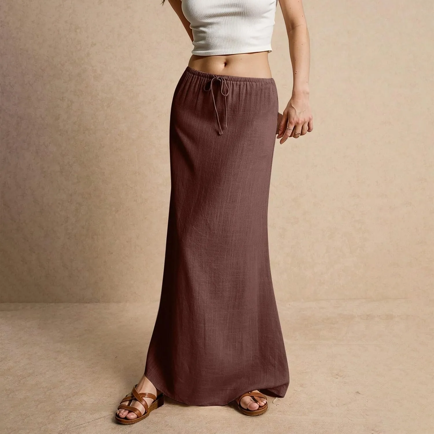 Women's Summer Linen Maxi Skirts Casual Flowy Tiered A-Line Elastic Waist Skirt