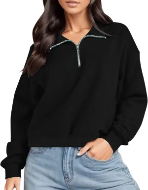 Womens Sweatshirt Cropped Half Zip Pullover Tops Solid Color Lapel Neck Sweatshirs Fleece Fashion Fall Outfits 2024