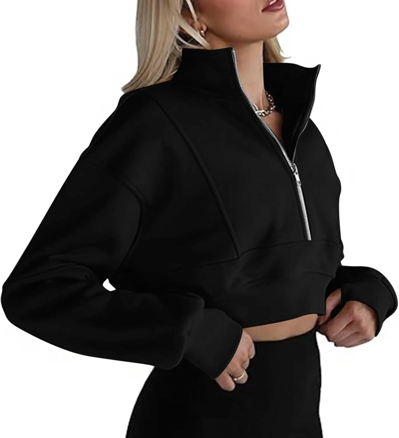 Womens Sweatshirt Half Zip Cropped Pullover Sweatshirts Stand Collar Pullover Tops With Thumb Hole Fleece Soft Outfits