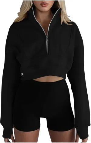 Womens Sweatshirt Half Zip Cropped Pullover Sweatshirts Stand Collar Pullover Tops With Thumb Hole Fleece Soft Outfits
