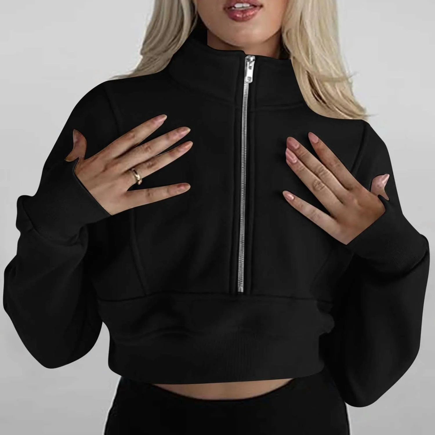 Womens Sweatshirt Half Zip Cropped Pullover Sweatshirts Stand Collar Pullover Tops With Thumb Hole Fleece Soft Outfits