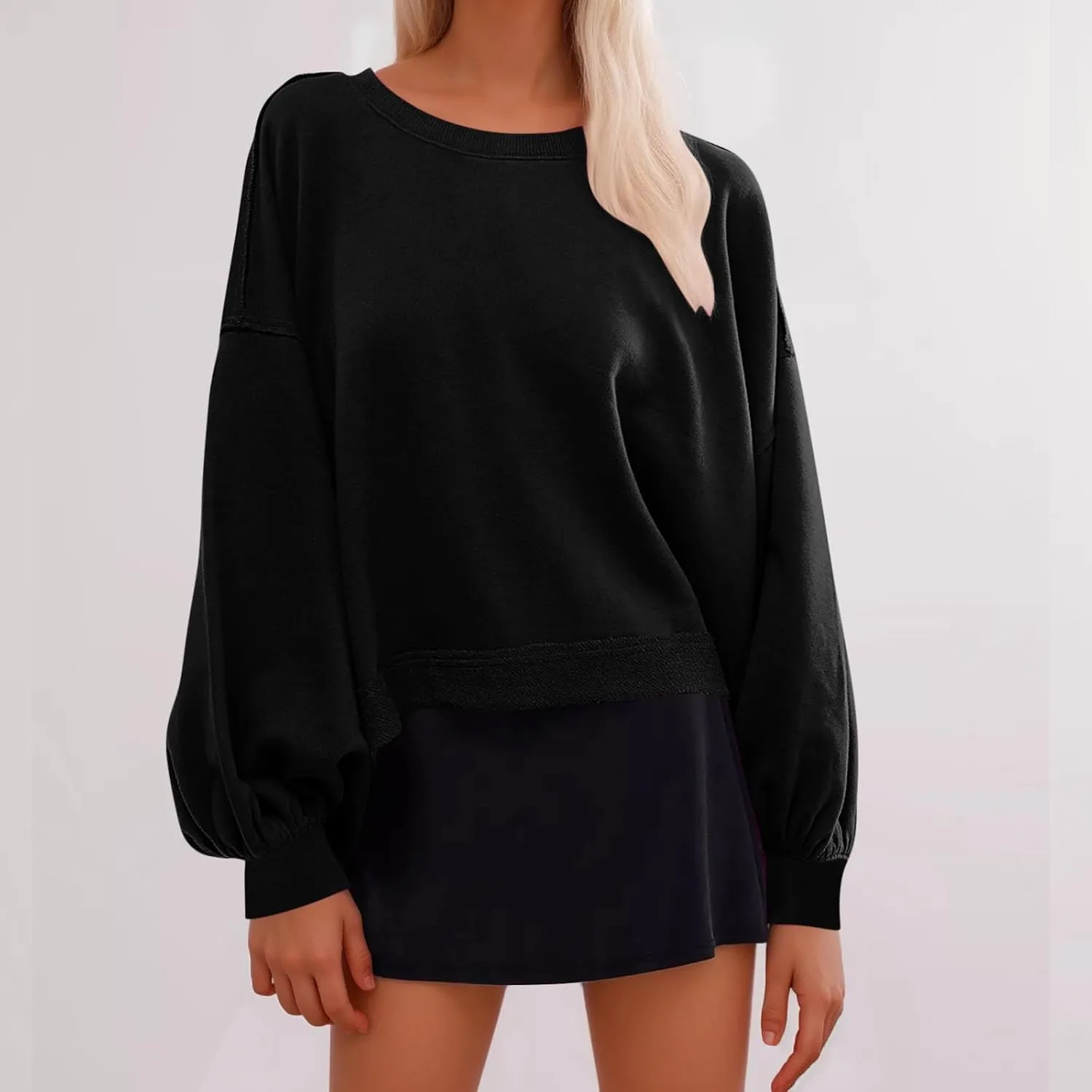 Womens Sweatshirt Long Sleeve Cropped Crewneck Sweater Lantern Sleeve Casual Fall Fashion Top Soft Lightweight Clothes