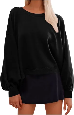 Womens Sweatshirt Long Sleeve Cropped Crewneck Sweater Lantern Sleeve Casual Fall Fashion Top Soft Lightweight Clothes