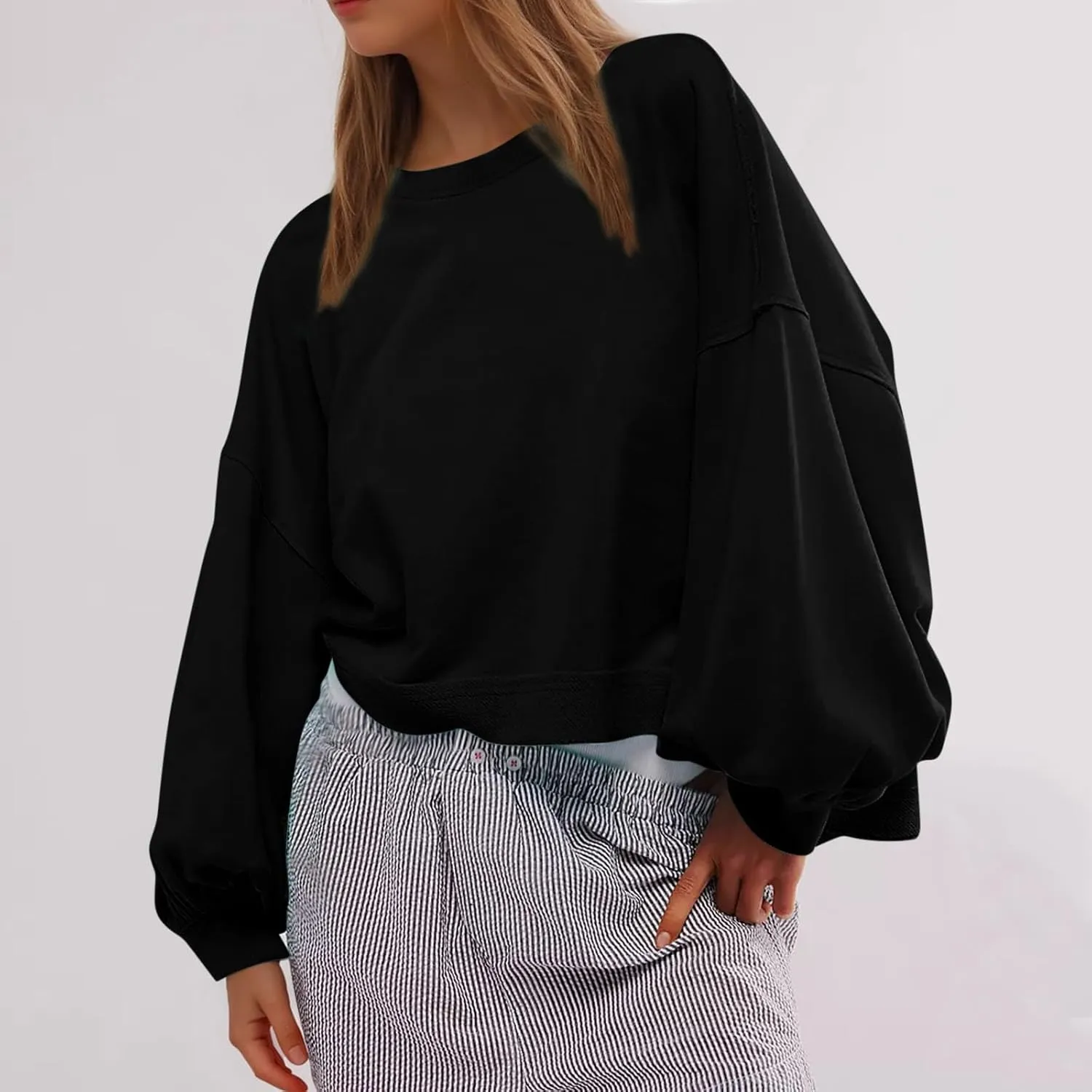 Womens Sweatshirt Long Sleeve Cropped Crewneck Sweater Lantern Sleeve Casual Fall Fashion Top Soft Lightweight Clothes