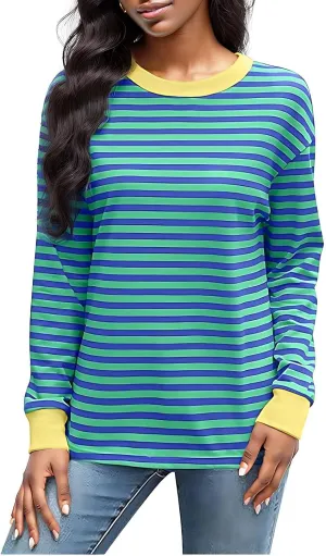 Womens Sweatshirts Crew Neck Long Sleeve Striped Colour Block Pullover Sweaters Fleece Casual Fall Trendy Clothes 2024