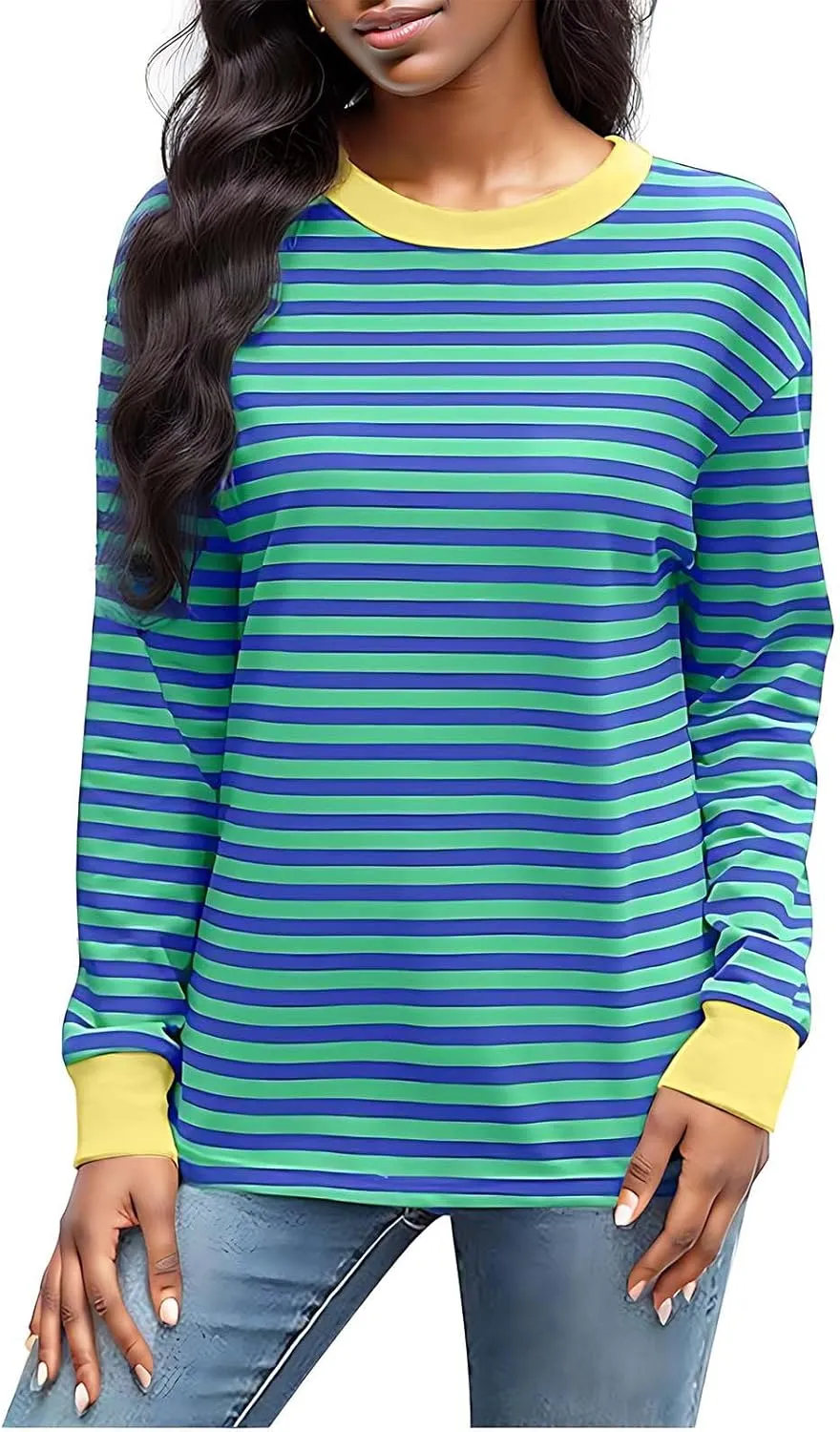 Womens Sweatshirts Crew Neck Long Sleeve Striped Colour Block Pullover Sweaters Fleece Casual Fall Trendy Clothes 2024