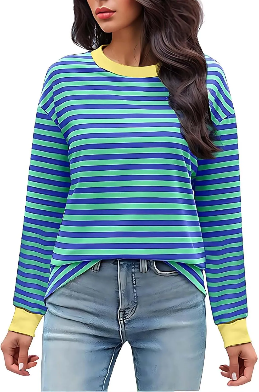 Womens Sweatshirts Crew Neck Long Sleeve Striped Colour Block Pullover Sweaters Fleece Casual Fall Trendy Clothes 2024