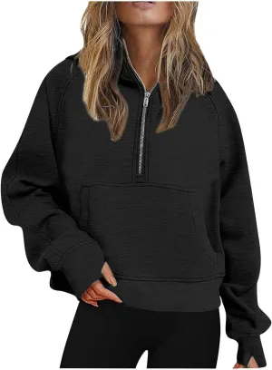 Womens Sweatshirts Half Zip Cropped Pullover Fleece Quarter Zipper Hoodies Fall Fashion Outfits With Pocket