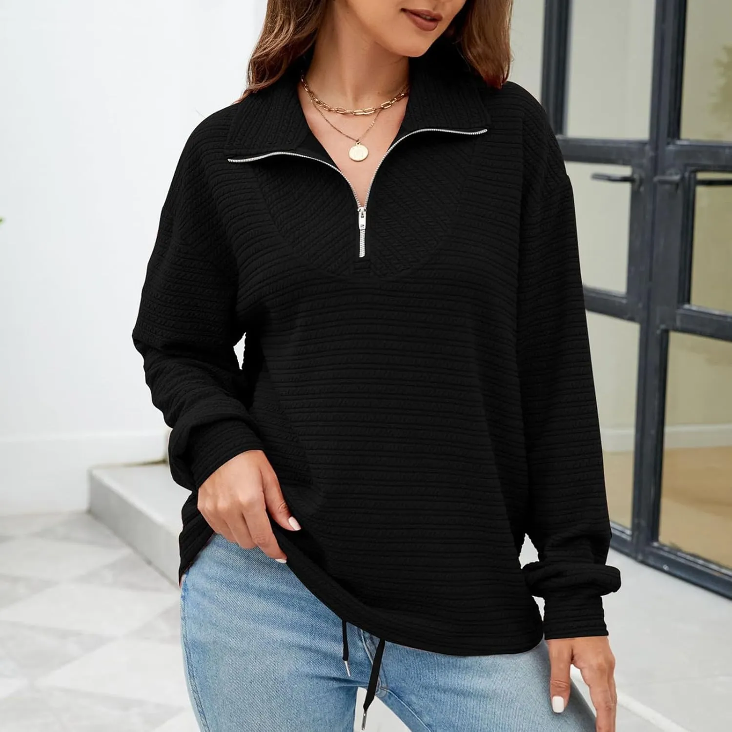 Womens Sweatshirts Half Zip Long Sleeve Sweater Fashion Waffle Plain Warm Tops Fall Trendy Fleece Pullover Top 2024