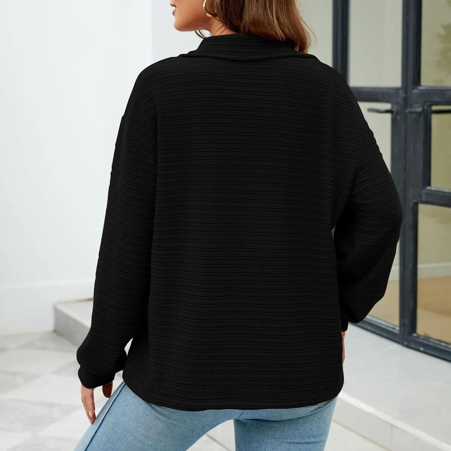 Womens Sweatshirts Half Zip Long Sleeve Sweater Fashion Waffle Plain Warm Tops Fall Trendy Fleece Pullover Top 2024
