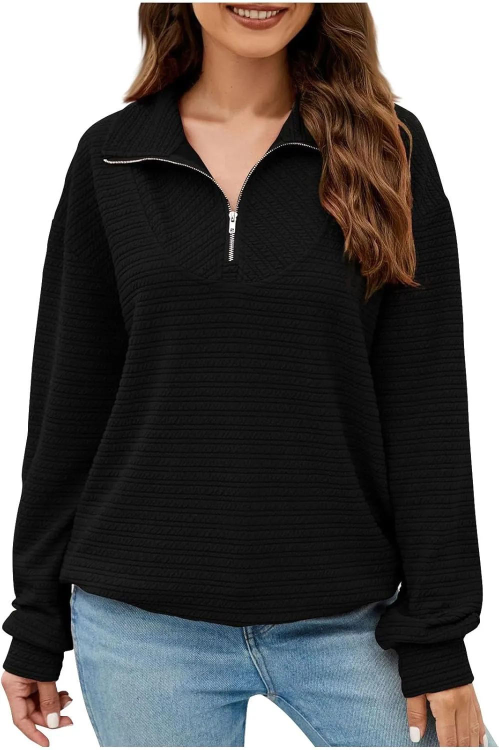 Womens Sweatshirts Half Zip Long Sleeve Sweater Fashion Waffle Plain Warm Tops Fall Trendy Fleece Pullover Top 2024