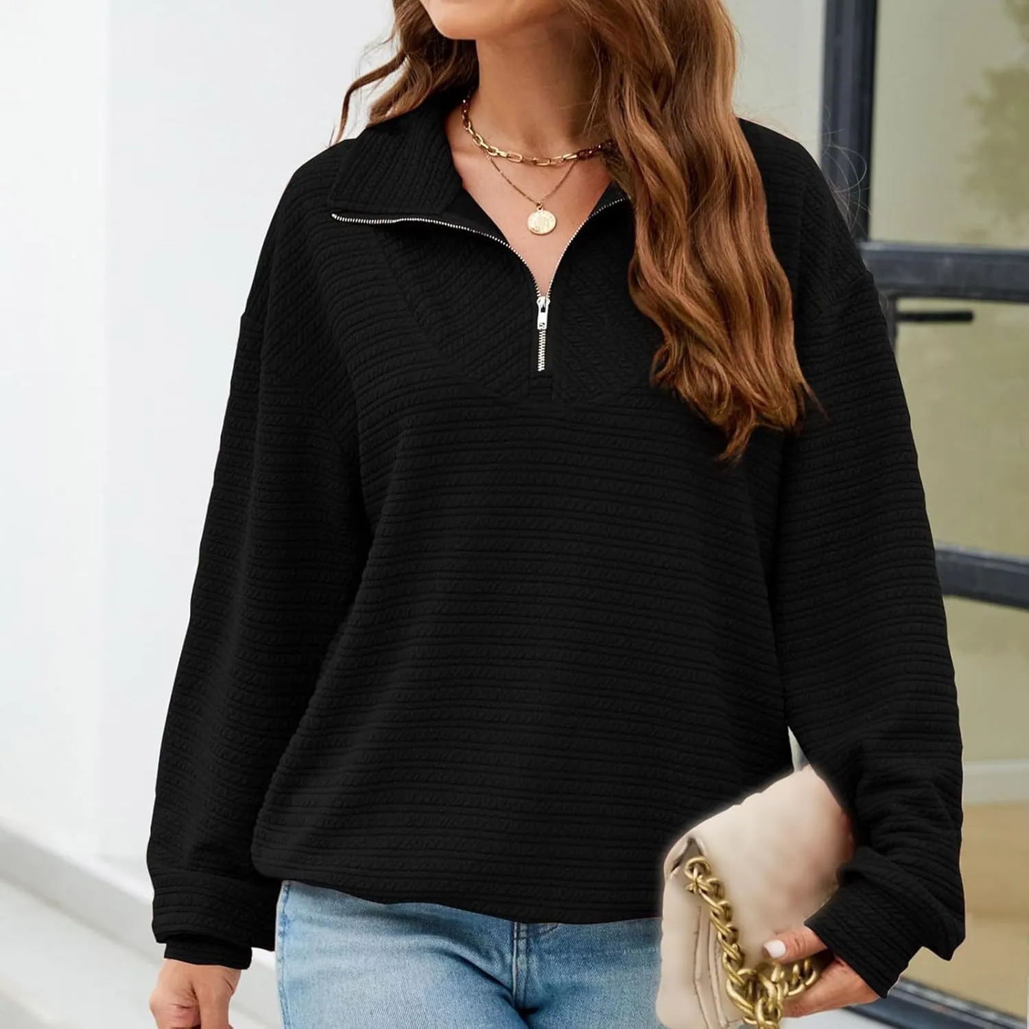 Womens Sweatshirts Half Zip Long Sleeve Sweater Fashion Waffle Plain Warm Tops Fall Trendy Fleece Pullover Top 2024
