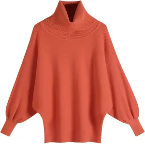 Womens Turtleneck Solid Batwing Sleeves Knitted Jumpers Oversized Sweaters and Pullovers Tops Ribbing Knit Sweater