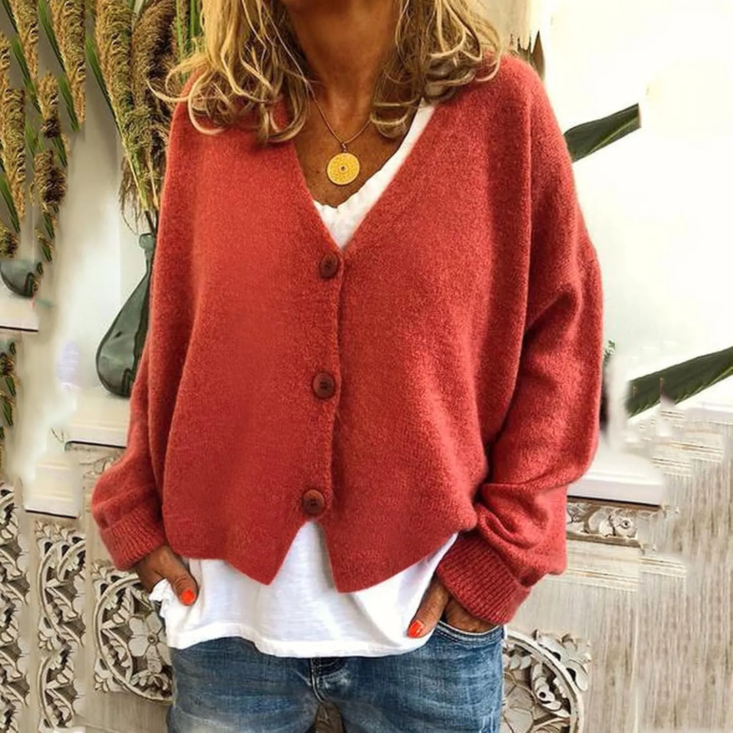 Womens V Neck Loose Cardigans Button Solid Cable Knit Cropped Sweater Tops Fall Casual Long Sleeved Jacket Coat
