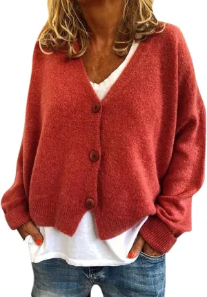 Womens V Neck Loose Cardigans Button Solid Cable Knit Cropped Sweater Tops Fall Casual Long Sleeved Jacket Coat