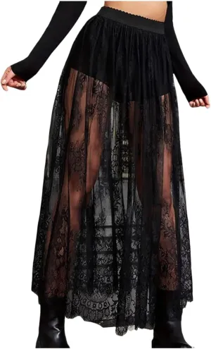 Women's Vintage Floral Lace Maxi Skirt Y2K Sheer Mesh See Through Cover up Long Skirts