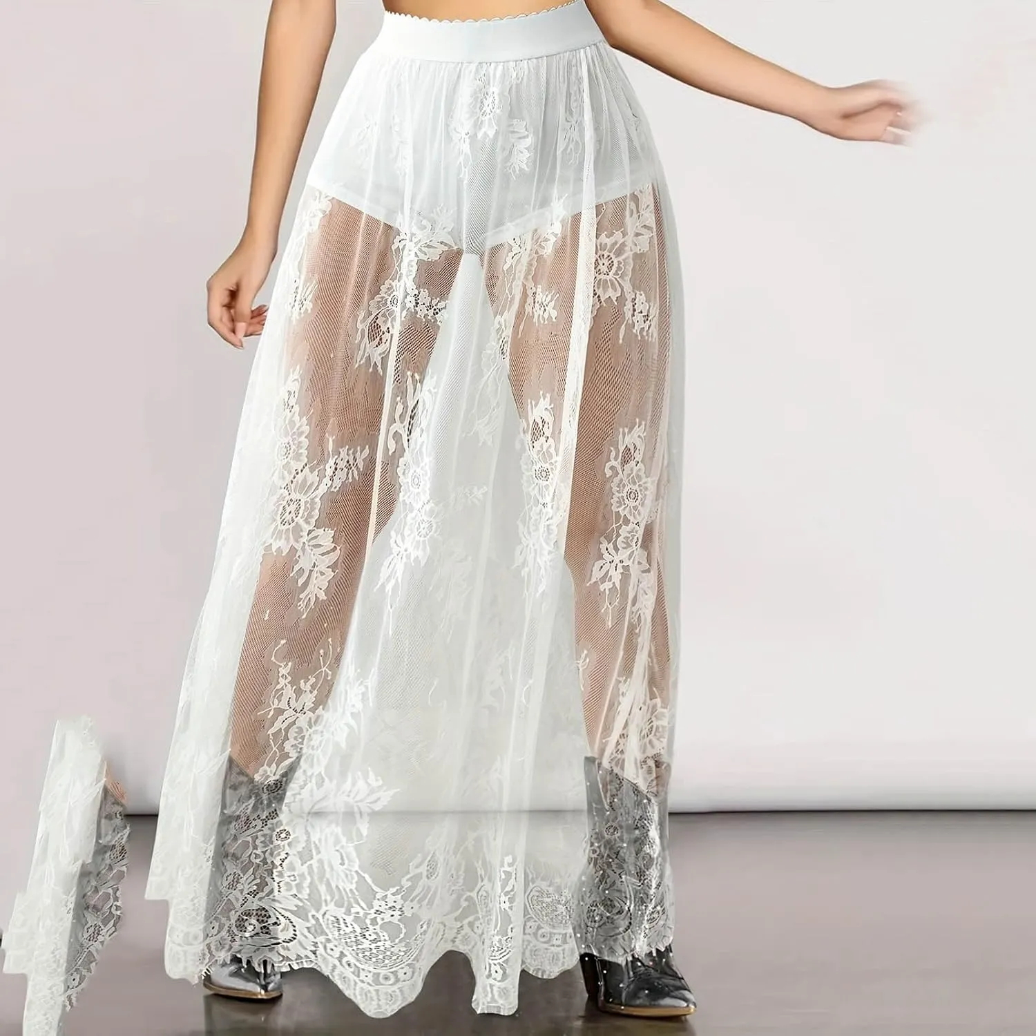 Women's Vintage Floral Lace Maxi Skirt Y2K Sheer Mesh See Through Cover up Long Skirts