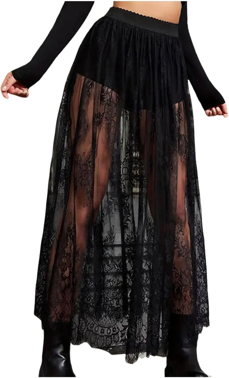 Women's Vintage Floral Lace Maxi Skirt Y2K Sheer Mesh See Through Cover up Long Skirts