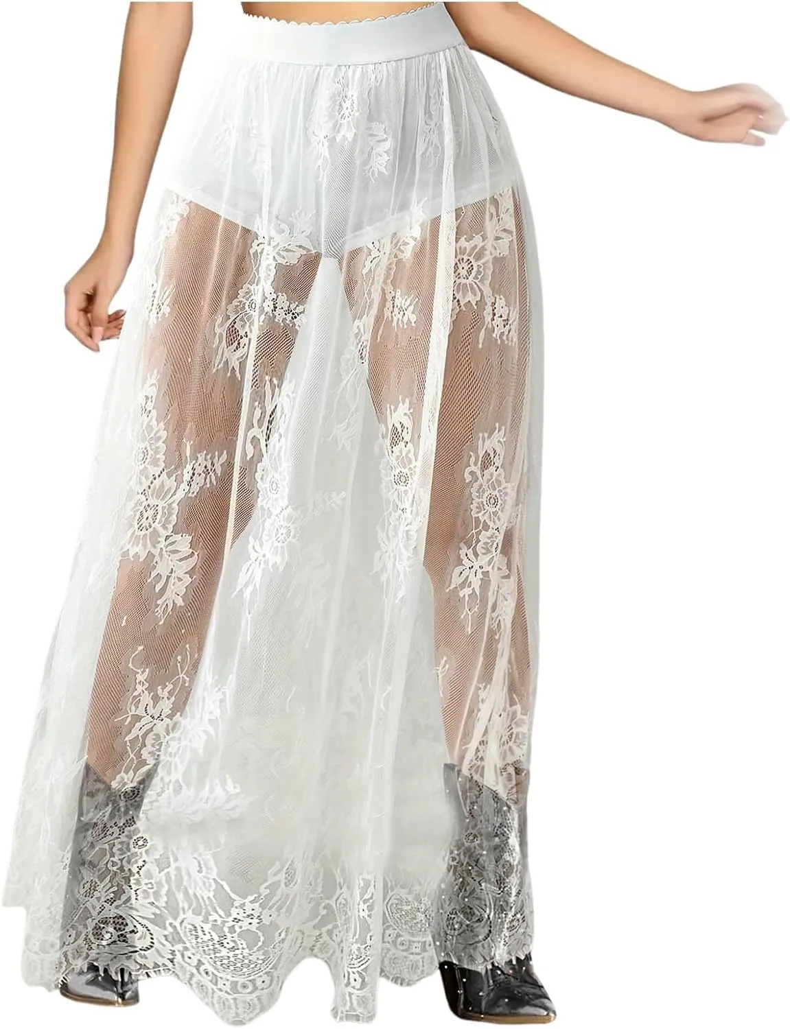 Women's Vintage Floral Lace Maxi Skirt Y2K Sheer Mesh See Through Cover up Long Skirts