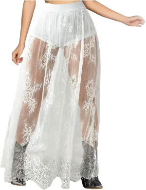 Women's Vintage Floral Lace Maxi Skirt Y2K Sheer Mesh See Through Cover up Long Skirts