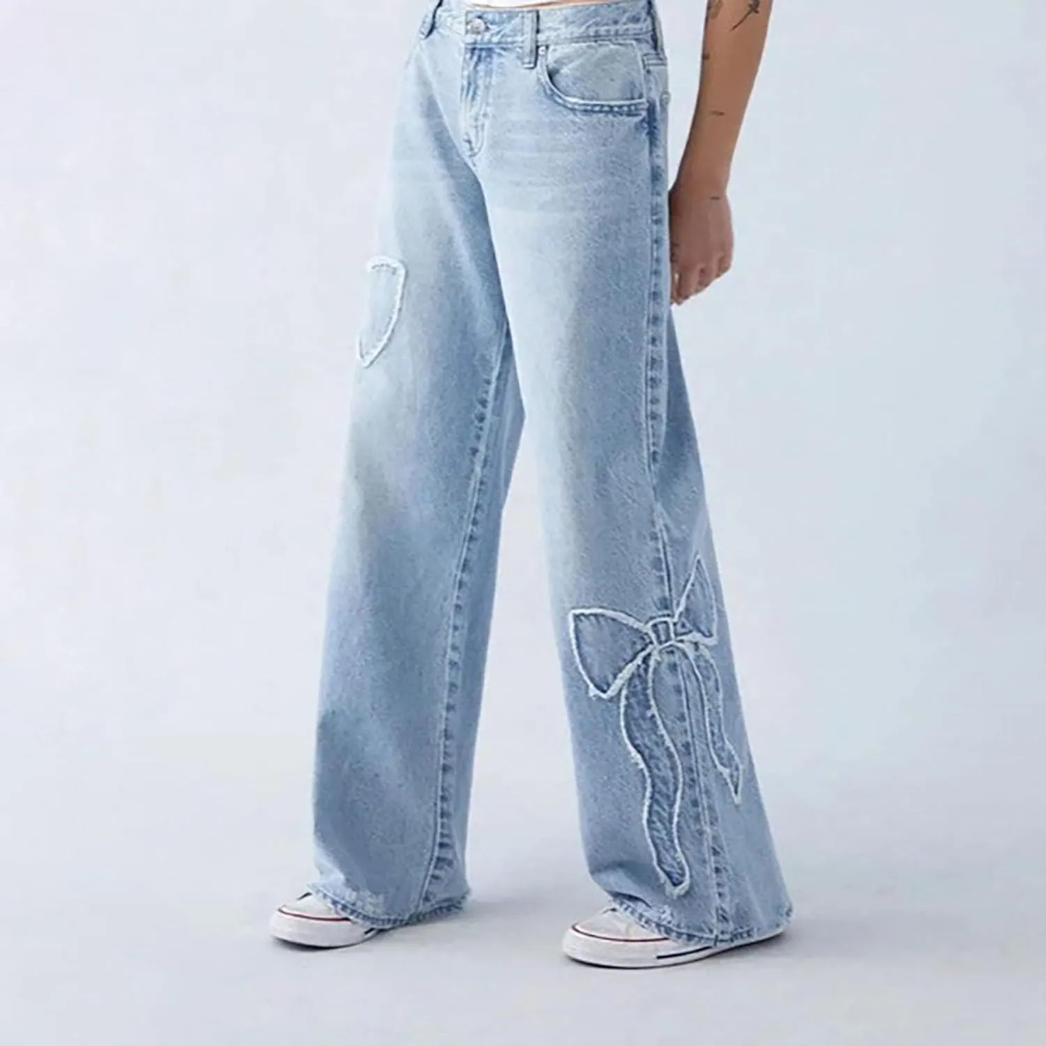 Womens Wide Leg Jeans Bowknot High Waisted Denim Pants Straight Leg Y2K Casual Baggy Trousers with Pockets Trendy