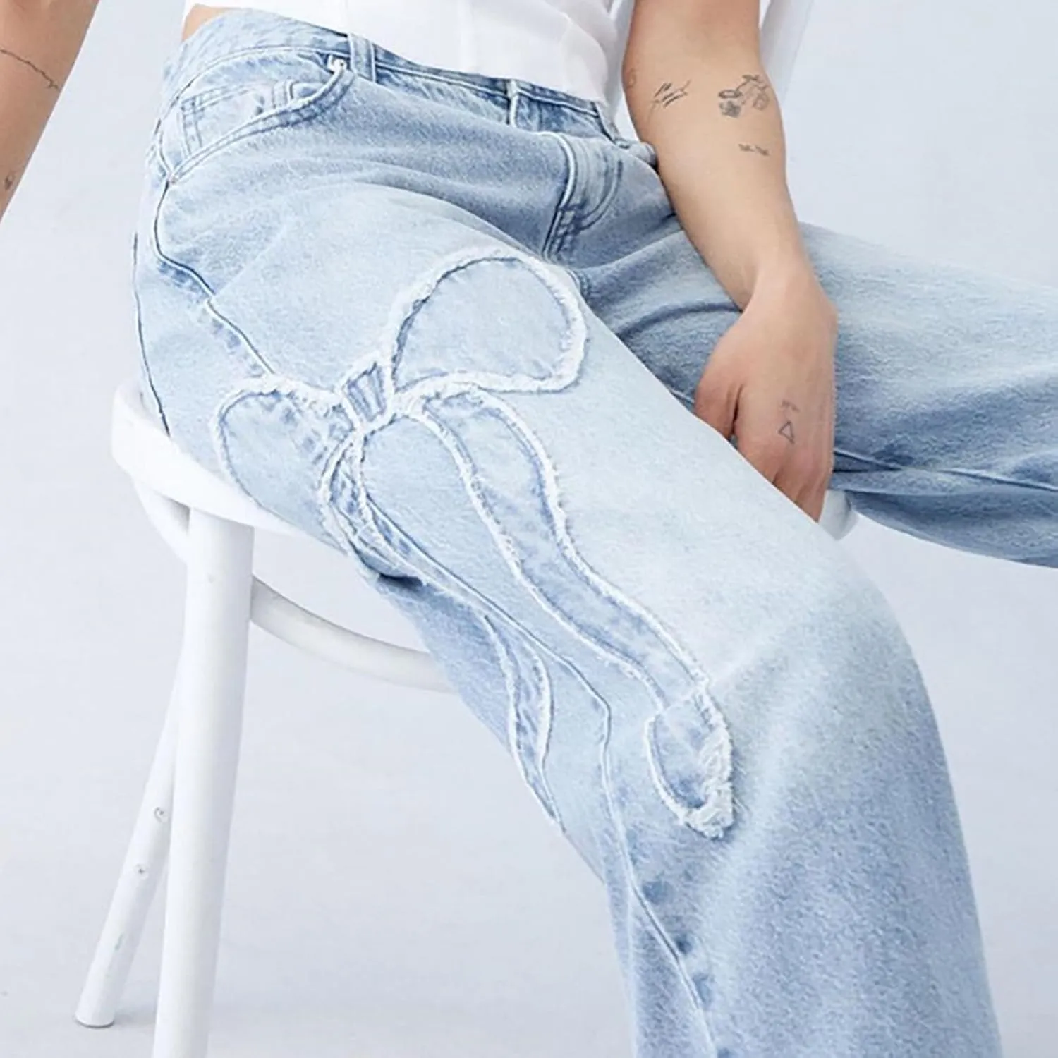 Womens Wide Leg Jeans Bowknot High Waisted Denim Pants Straight Leg Y2K Casual Baggy Trousers with Pockets Trendy