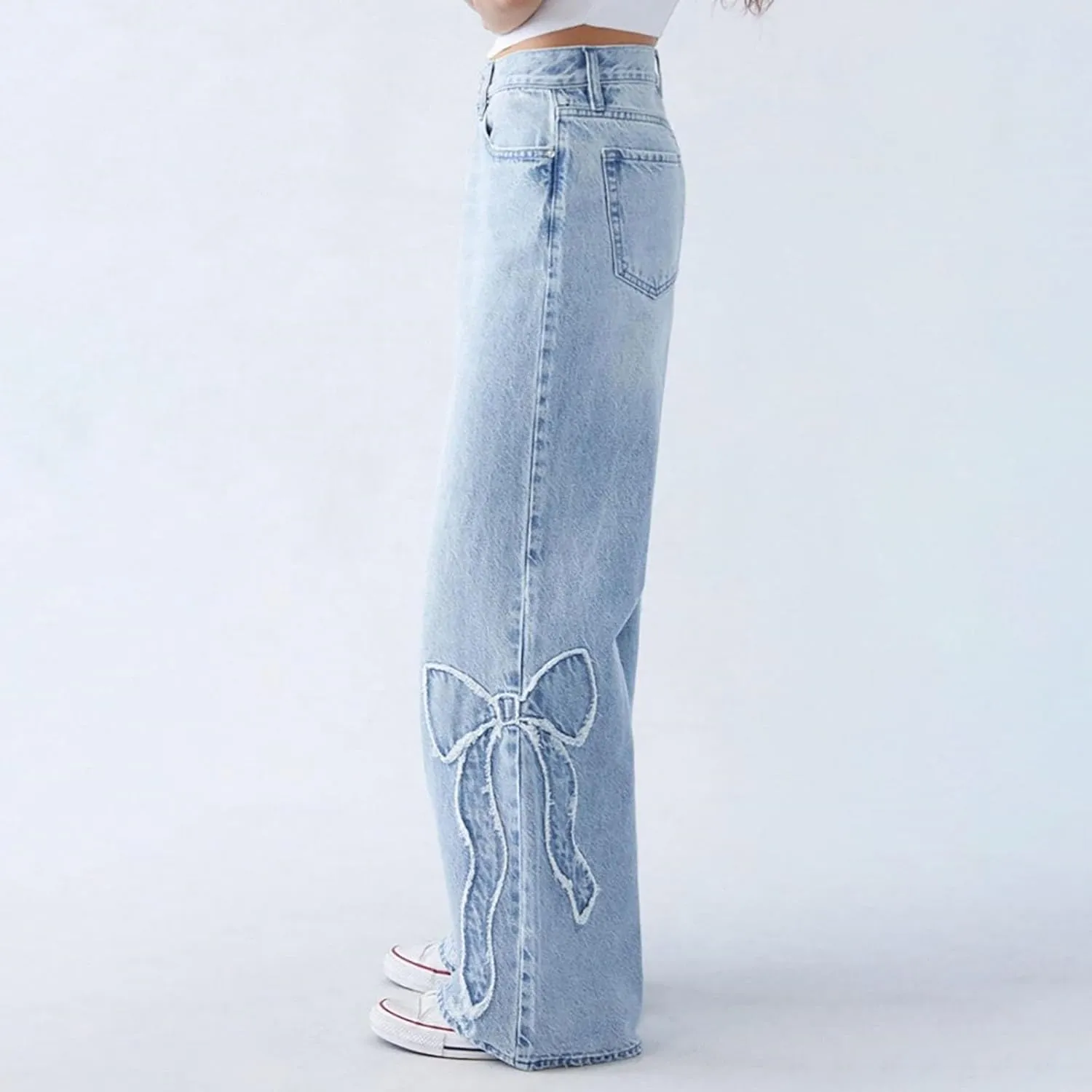 Womens Wide Leg Jeans Bowknot High Waisted Denim Pants Straight Leg Y2K Casual Baggy Trousers with Pockets Trendy
