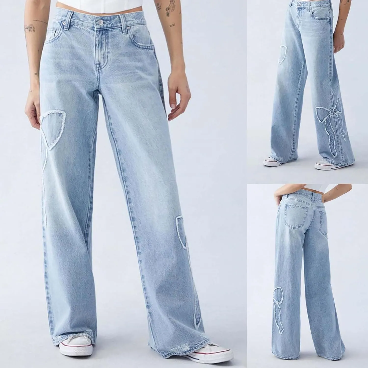Womens Wide Leg Jeans Bowknot High Waisted Denim Pants Straight Leg Y2K Casual Baggy Trousers with Pockets Trendy