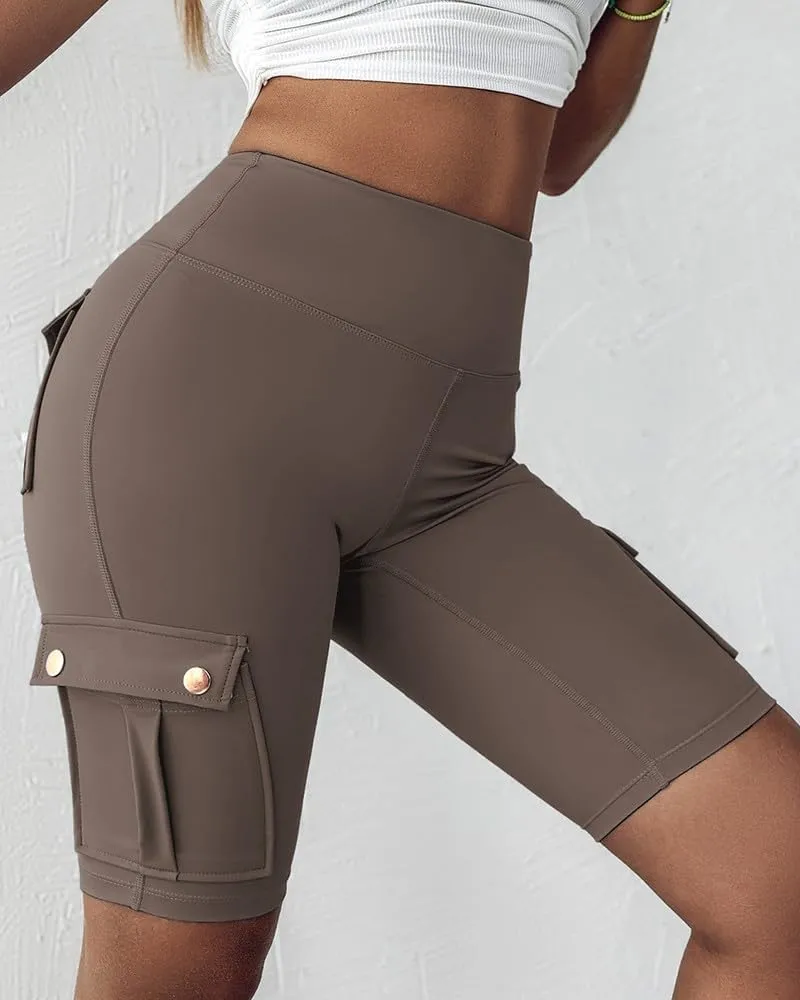 Womens Workout Shorts with Pocket Tummy Control Cargo Shorts Knee Length Butt Lifting High Waisted Biker Yoga Legging