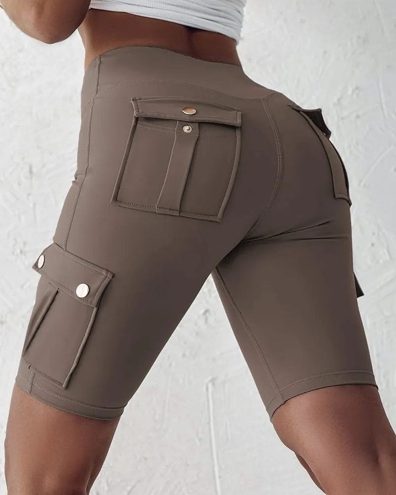 Womens Workout Shorts with Pocket Tummy Control Cargo Shorts Knee Length Butt Lifting High Waisted Biker Yoga Legging