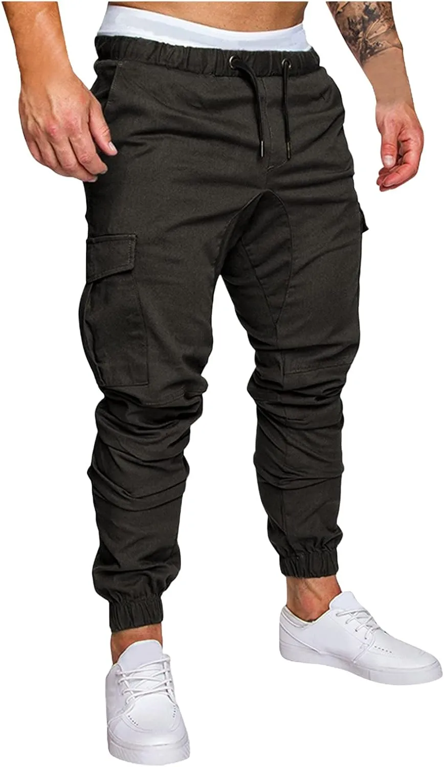 WUAI-Men Cargo Pants Elastic Waist Slim Fit Athletic Jogger Pants Drawstring Khaki Chinos Trousers Sweatpants