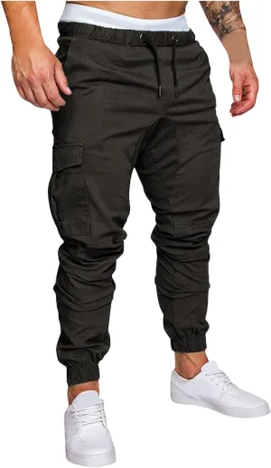WUAI-Men Cargo Pants Elastic Waist Slim Fit Athletic Jogger Pants Drawstring Khaki Chinos Trousers Sweatpants