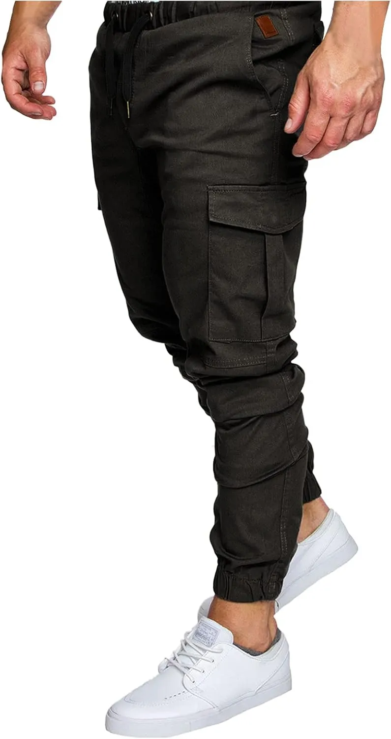WUAI-Men Cargo Pants Elastic Waist Slim Fit Athletic Jogger Pants Drawstring Khaki Chinos Trousers Sweatpants