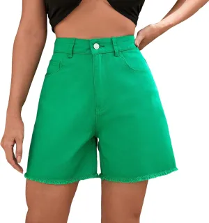 XUETON Bermuda Shorts for Women High Waisted Denim Shorts Straight Leg Raw Hem Jean Shorts Summer Hot Pants with Pockets(Green,X-Small)
