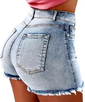 XUETON Womens Denim Shorts High Waisted Casual Summer Jeans Shorts Raw Hem Distressed Comfy Cut Off Summer Hot Pants with Pockets(Light Blue,Large)