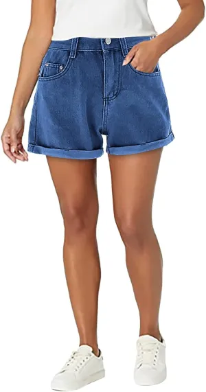XUETON Women's Ripped Mid Rise Stretchy Denim Jeans Shorts High Waisted Folded Hem Short Jeans Summer Hot Pants with Pockets(Dark Blue,Medium)