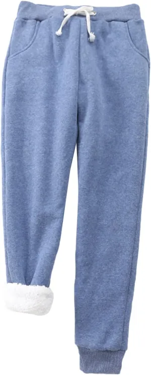 XUETON Womens Sherpa Lined Sweatpant with Pockets Winter Warm Fleece Thermal Lined Tapered Drawstring Athletic Workout Jogger(Blue,X-Large)