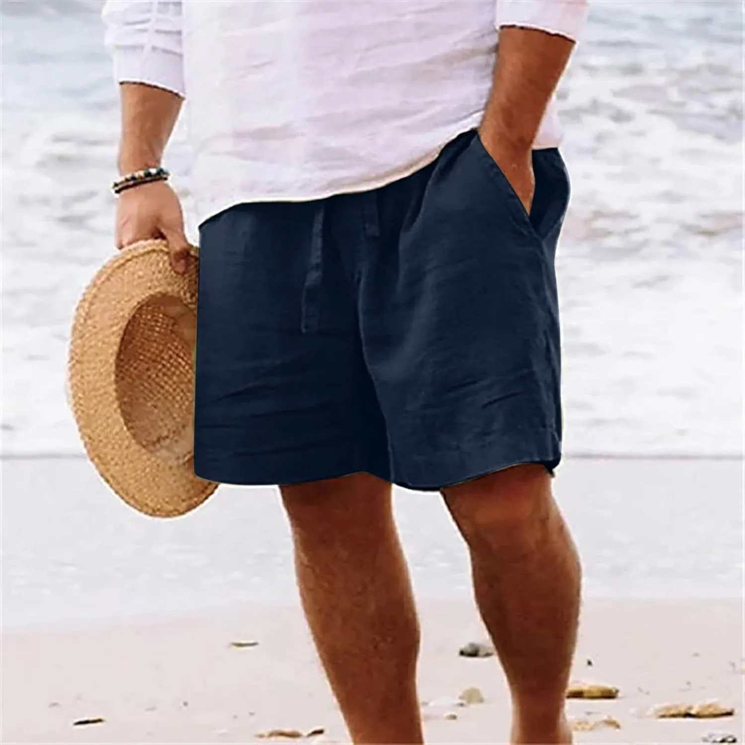 Zeiyignr Mens Shorts Casual Cotton Linen Drawstring Elastic Waist Athletic Shorts with Pockets Summer Loose Beach Short Pants