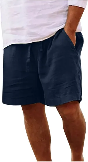 Zeiyignr Mens Shorts Casual Cotton Linen Drawstring Elastic Waist Athletic Shorts with Pockets Summer Loose Beach Short Pants